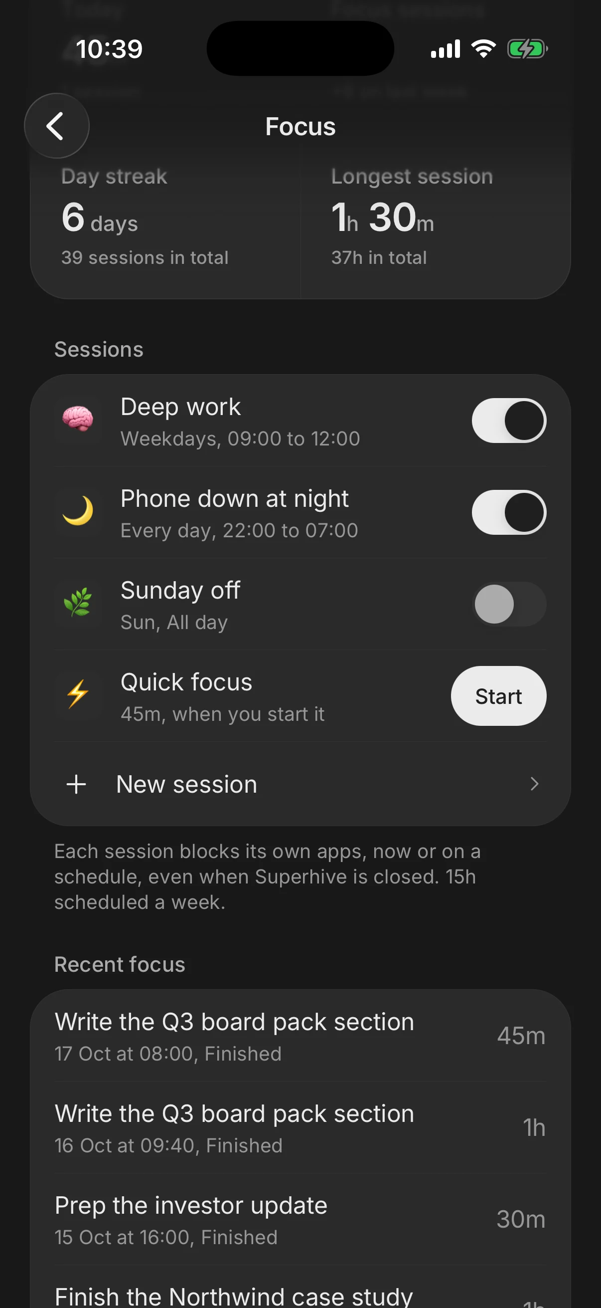 Focus sessions that block distracting apps, now or on a schedule