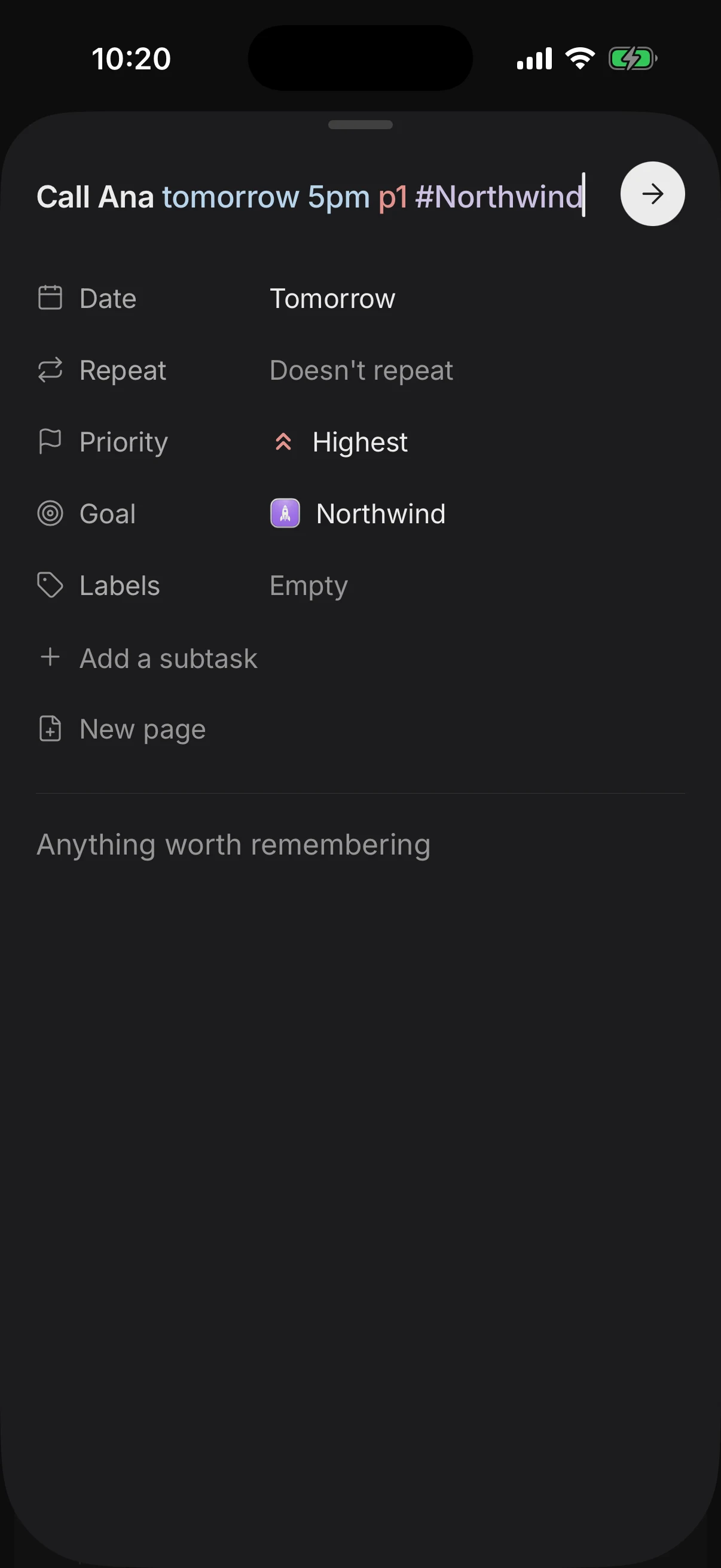 Quick add reading a date, a time, a priority and a goal out of plain text