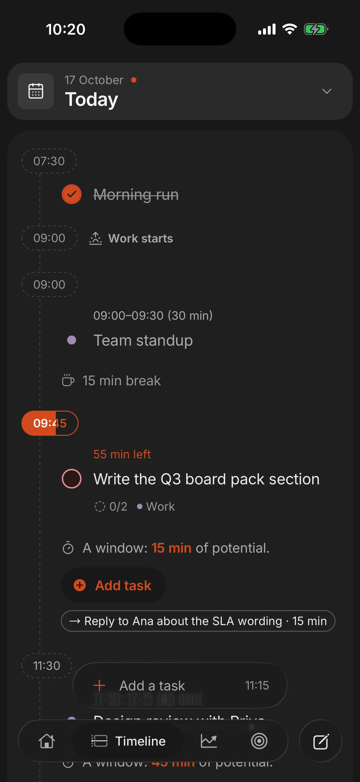 The day on one line: what is done, what is on now and the free time left