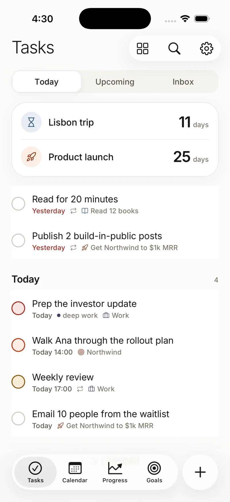 The task list: countdowns on top, then overdue and today